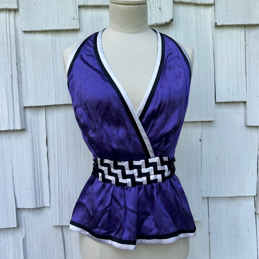 Y2K Fairycore Bebe 100% Silk Purple Halter Top NWT Deep V Belted Open Back  S